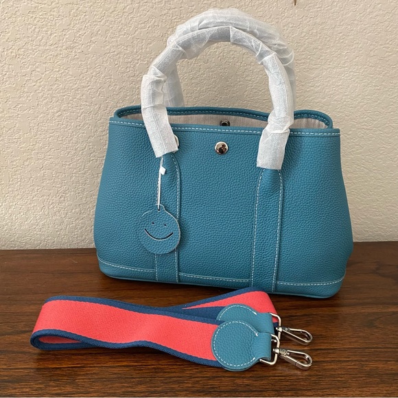Peacock Blue 30 CM TPM Pebble Leather Satchel Tote Bag w/ Wide Crossbody Strap S - Picture 2 of 7